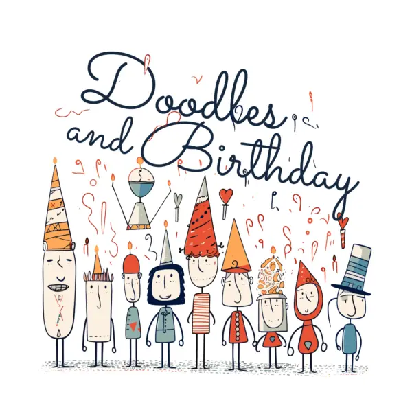 Hand-drawn characters with hats and a birthday phrase design