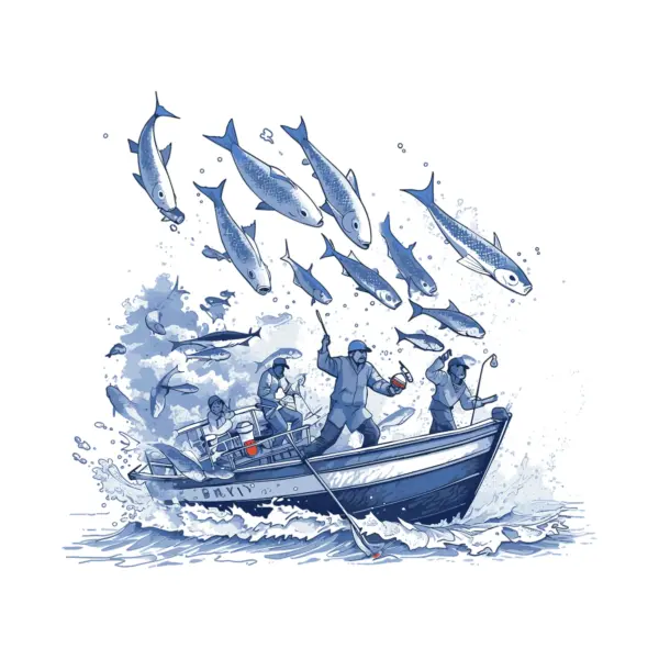 Fishing boat catching fish while jumping design