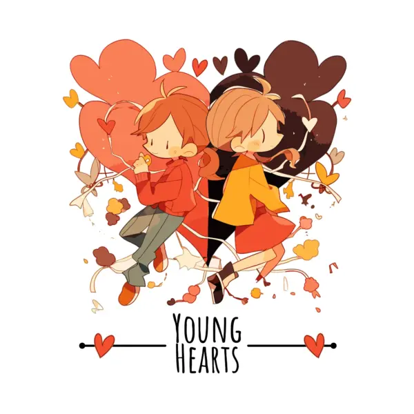 Children turning their backs to each other with a heart divided in two and young love phrase design