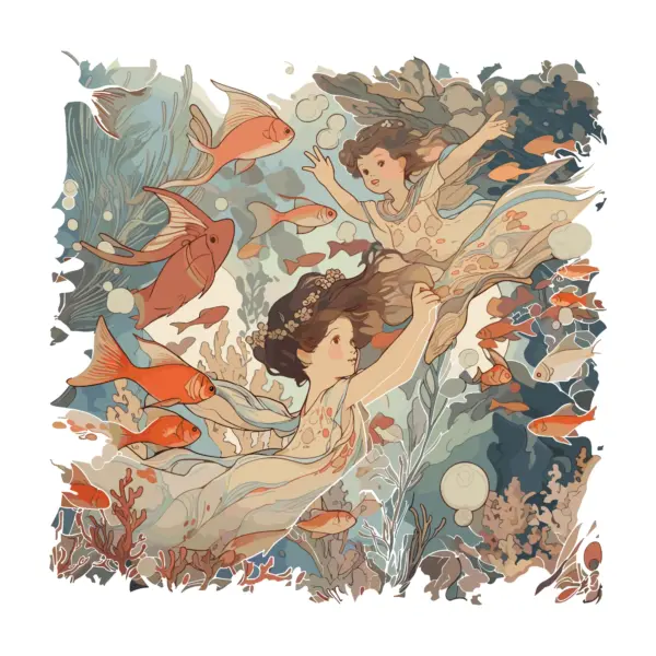 Girls swimming with fishes around plants design