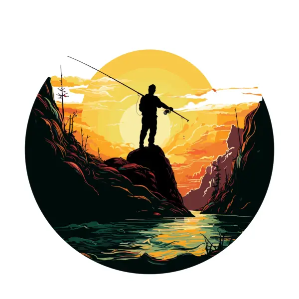 Fisherman on a rich man with his fishing rod over his shoulder watching a sunset design