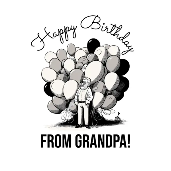 Grandfather with a mountain of balloons accompanied by a birthday phrase design