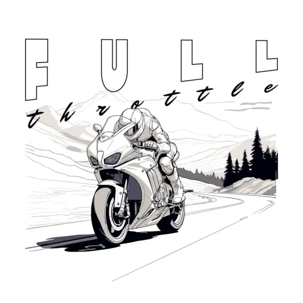 Racing motorcycle on the road with trees in the background design