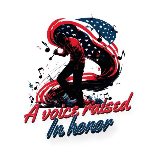 singer with musical notes and the U.S. flag appearing as smoke from the floor design