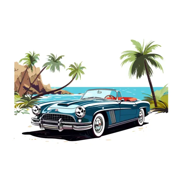 Classic car on the sand with the sea and palm trees in the background design