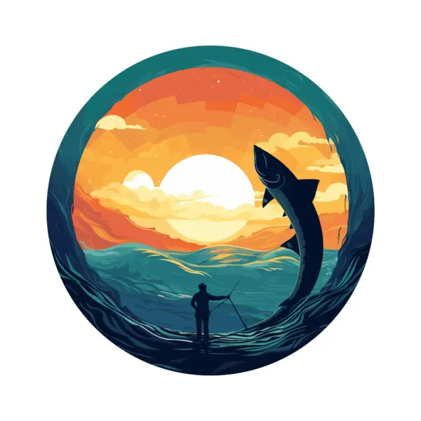 Giant fish jumping over a fisherman in a geometric landscape design