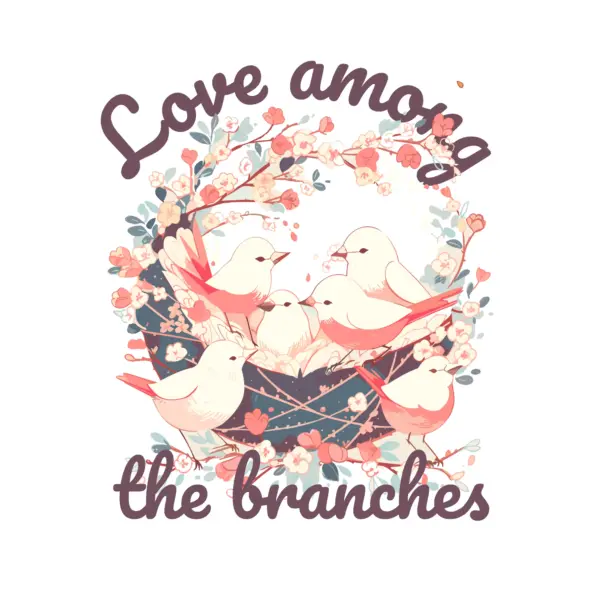 Family of birds in a nest with branches and a love phrase design