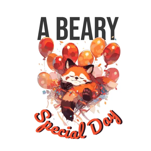 Red bear sleeping on a bed of balloons with a special sentence design
