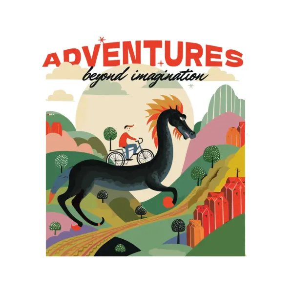 Boy with his bike riding a dragon in a colorful world design