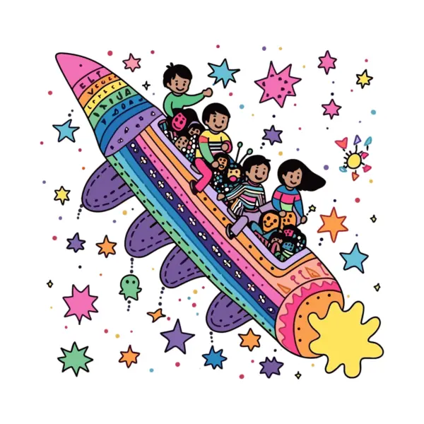 Children attached to a rocket with a rainbow design and stars all around it design