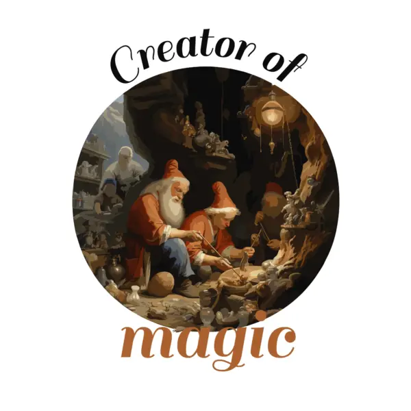 Santa Claus with elves creating new gifts with magic design