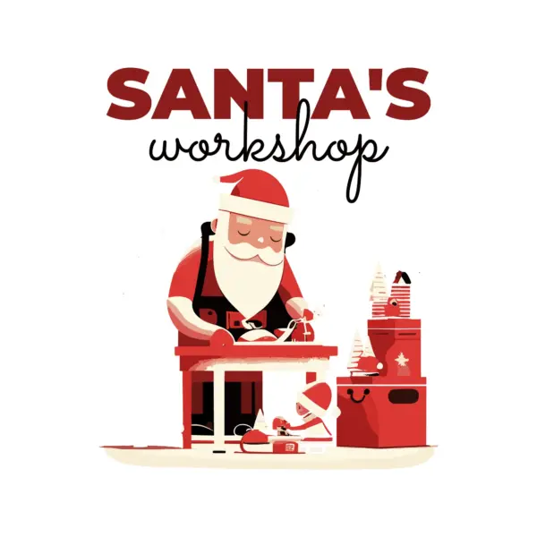 Santa Claus on a workbench creating gifts design