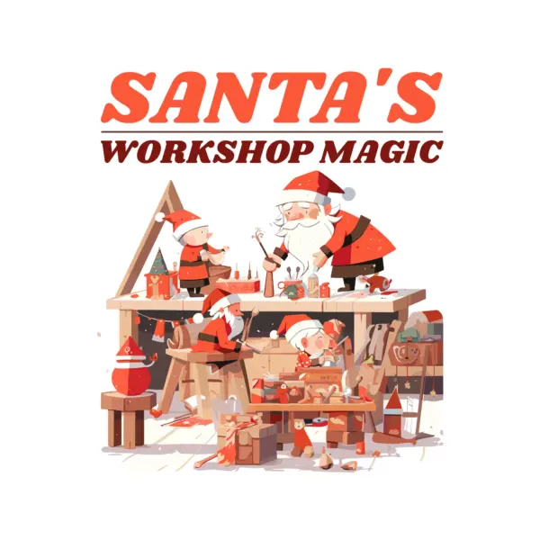 Santa Claus with his elves creating gifts design