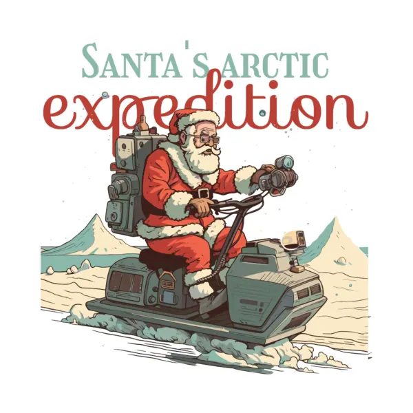 Santa Claus with an adventure backpack and an electric scooter on the snow design