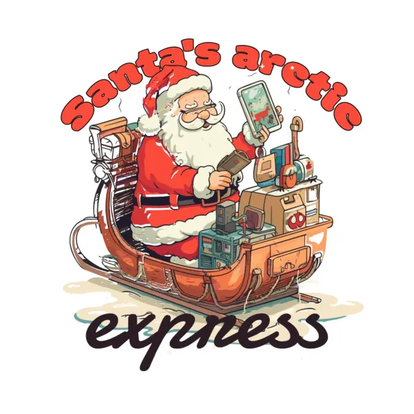 Santa Claus in an electric sleigh with a map design