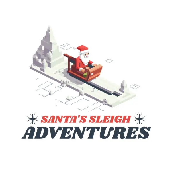 Santa Claus in a sleigh through the snow on a pixel map design