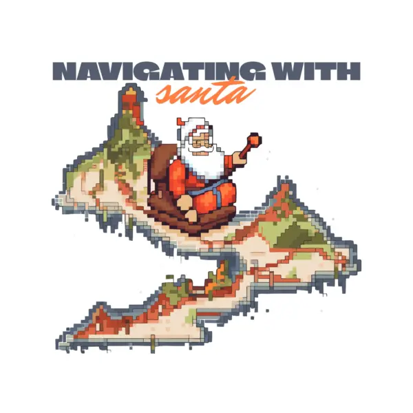 Santa Claus on his sleigh navigating on a pixel map design