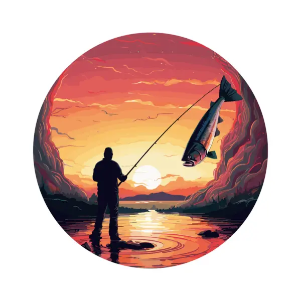 Angler catching a giant fish in a lake design