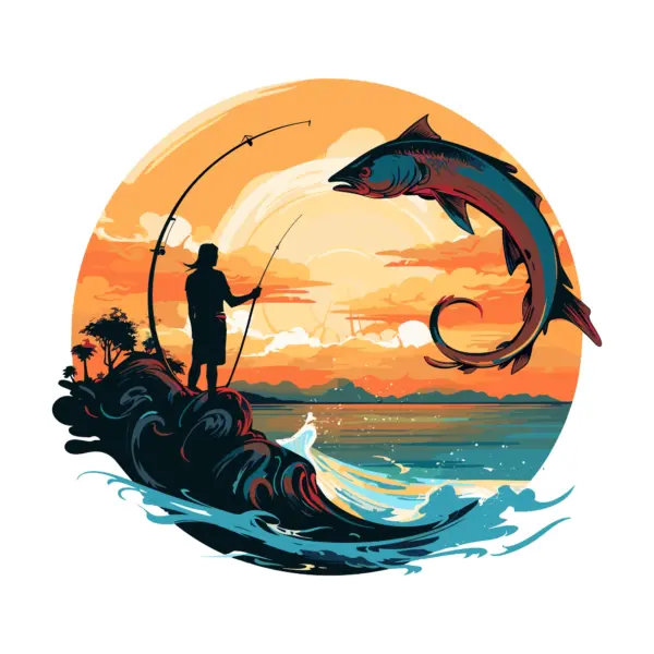 Angler on a rich catching a fish in a strong swell design