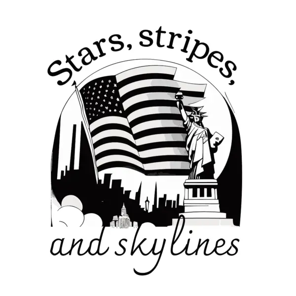 Statue of Liberty with the U.S. flag and city in the background design