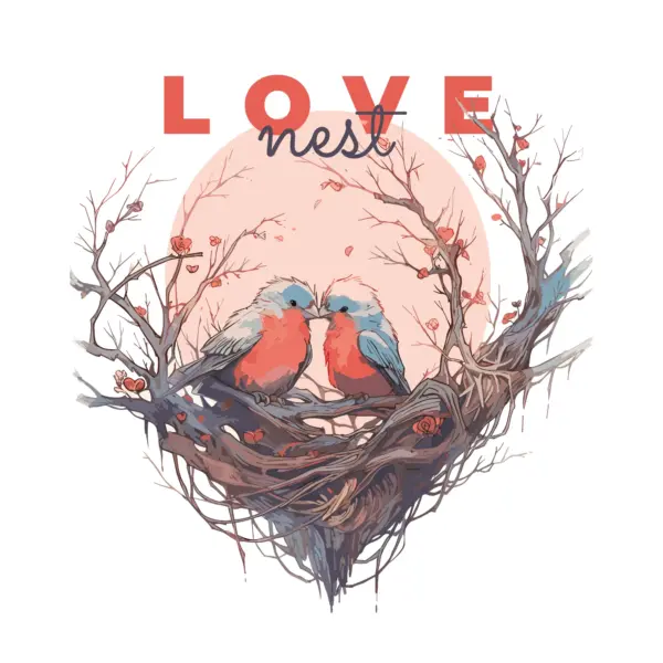 Pair of birds kissing each other on a nest design