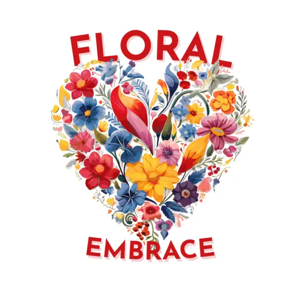 Heart made of flowers accompanied by a love phrase design