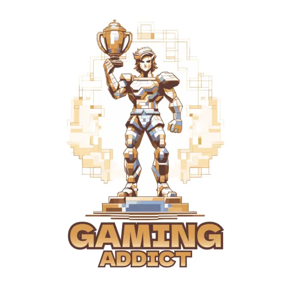 Gamer gladiator holding a trophy in pixel style design