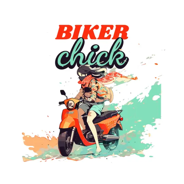 Girl on her motorcycle with colorful smoke all around her design