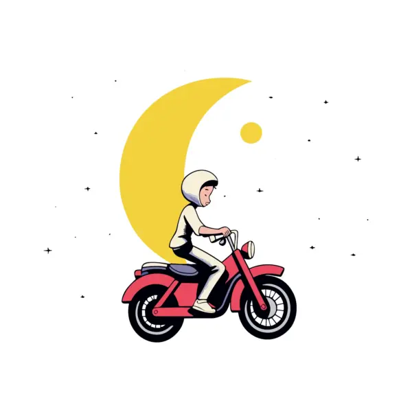 Boy riding a motorcycle next to the moon design