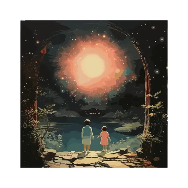 Children about to enter a doorway to the universe design