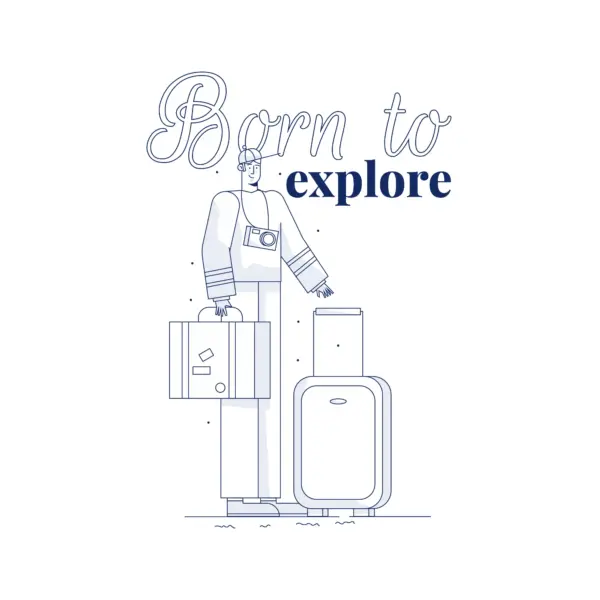 Man holding travel suitcases with exploration phrase design