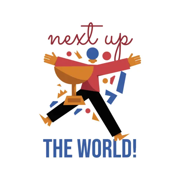 Boy celebrating a trophy accompanied by a motivational phrase design