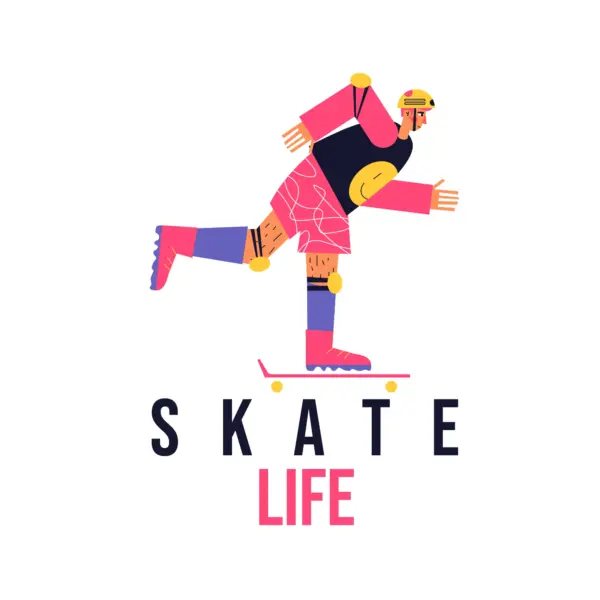 Man with protections riding his skateboard design