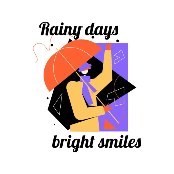 Boy holding his umbrella while it rains accompanied by a sentence design