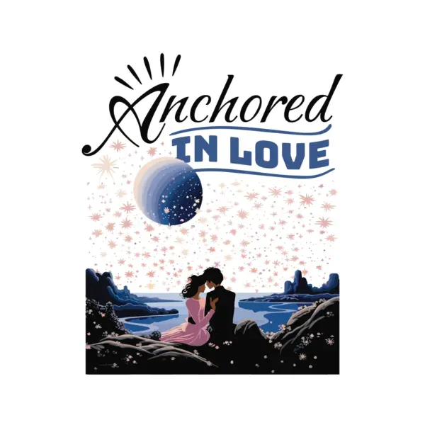 Engaged couple sitting on the shore watching the moon and stars design