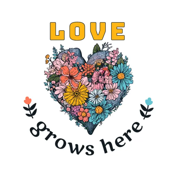 Heart full of flowers accompanied by a love text design