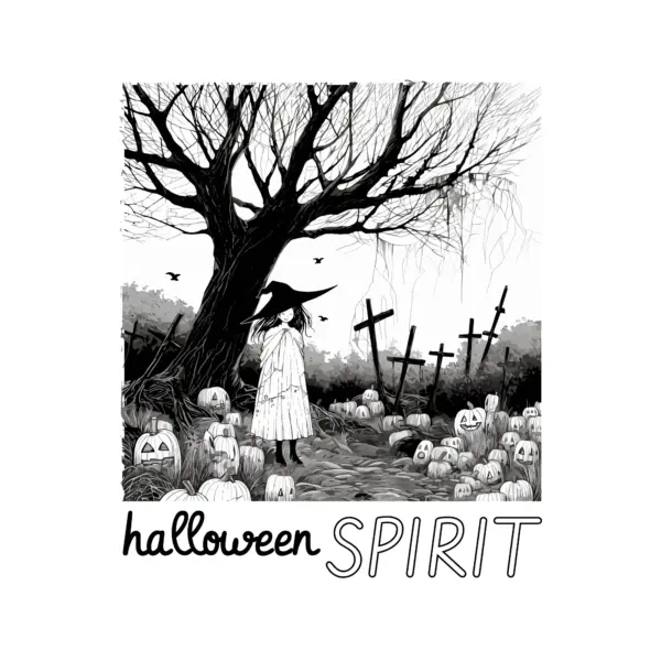 Girl with witch hat in a cemetery with halloween phrase design