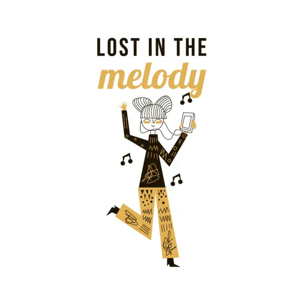 Happy girl jumping while listening to music design