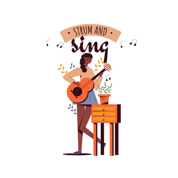 Girl playing her guitar accompanied by a phrase design