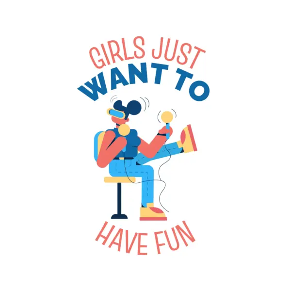 Girl playing video games with augmented reality goggles design