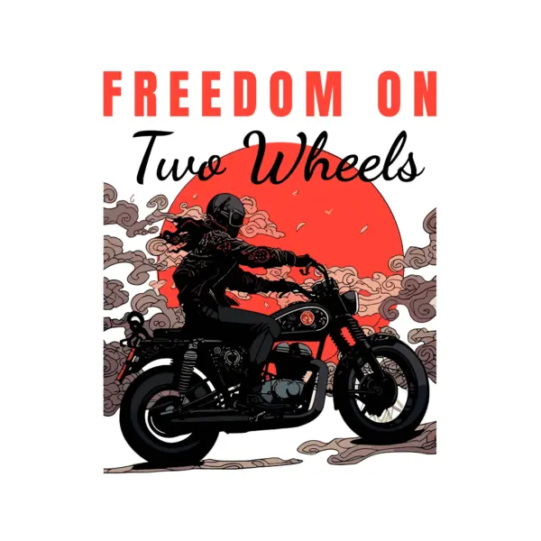 Girl on her motorcycle with a moon and clouds in the background design