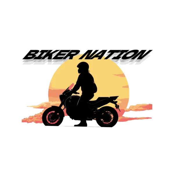 Silhouette of motorcyclist with sun in background design