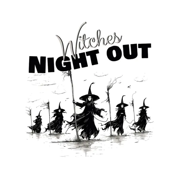 Witch squad with brooms accompanied by halloween phrase design