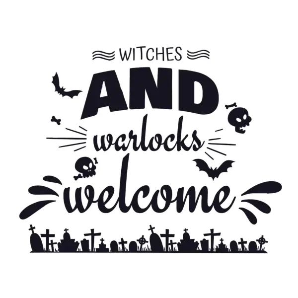 Halloween phrase decorated with bats, skulls and cemeteries design