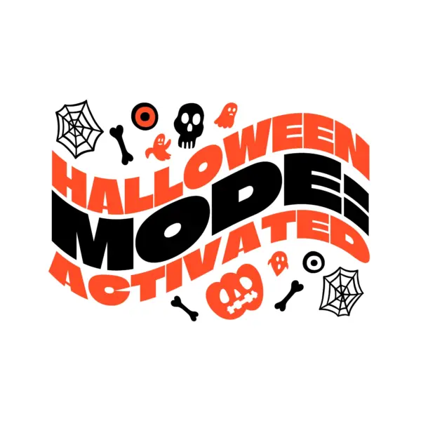 Halloween phrase decorated with skulls, pumpkins, spider webs and bones design