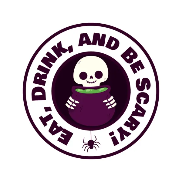 Skeleton holding a cauldron of potions while celebrating Halloween design