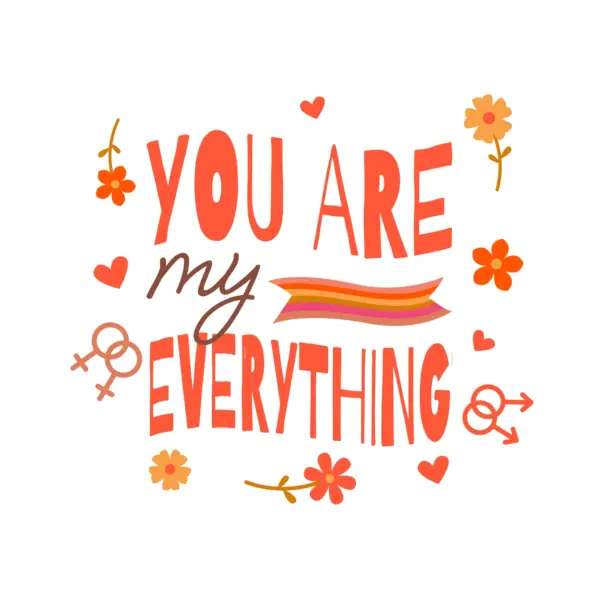 Love phrase decorated with flags, gender signs and flowers design