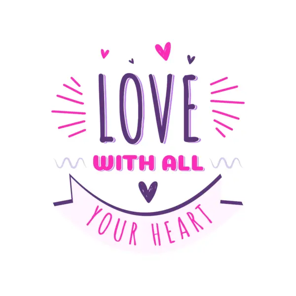 Love phrase accompanied by hearts, sparkles and ribbons design