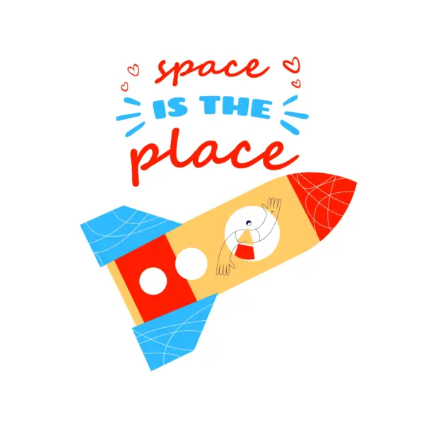 Person in a rocket saluting accompanied by a sentence design