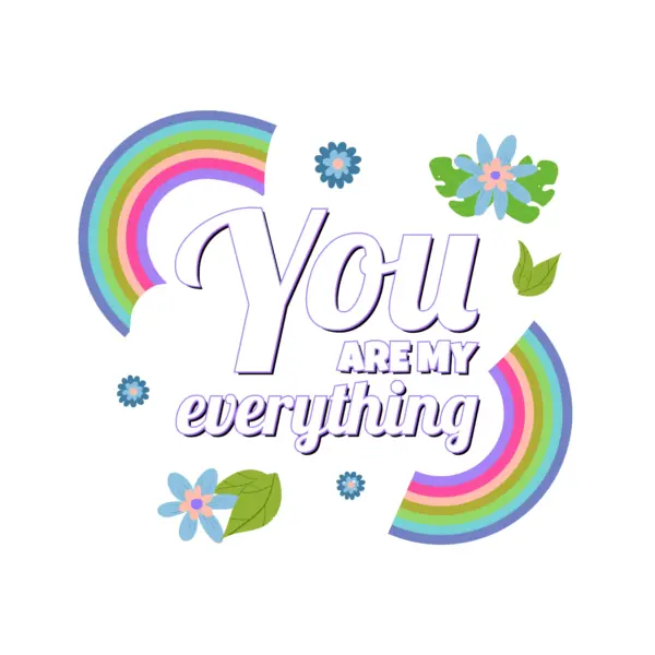 Love phrase decorated with flowers, leaves and rainbows design